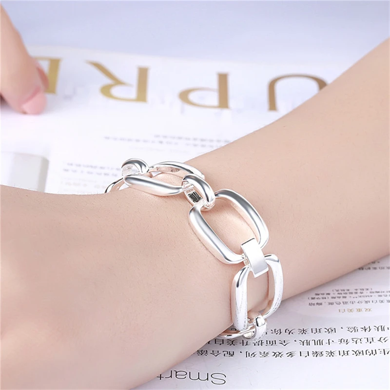 Silver Plated Bracelets for Women Square Geometric Link Chain Bangles Pulseira Femme Wristband Trendy Jewelry Accessories