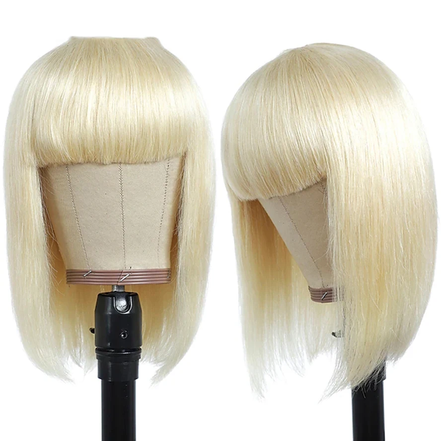 150% Blonde 613 Straight Hair Bob Wigs 12 Inch heat resistant fiber synthetic Hair Full Machine Non Lace Wigs With Bangs