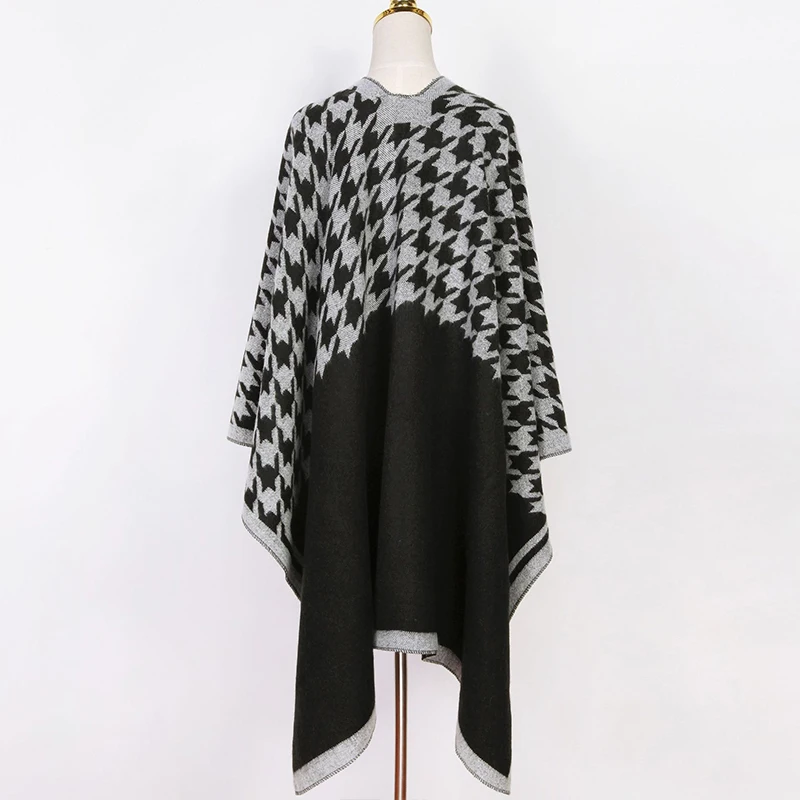 Fashion Imitation Cashmere Women Houndstooth Print Hooded Scarf Winter Warm Long Shawl Wrap Female Knitted Soft Thick Blanket