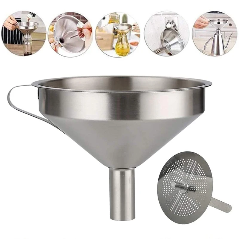 304 Stainless Steel Funnel Thickened Kitchen Household Wine Funnel Multifunctional Oil Filter Funnel Tool Accessories