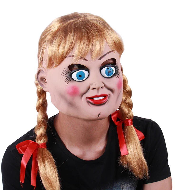 Scary Annabelle Latex Mask Head Wigs Ponytails Halloween Cosplay Party Movie Mask Carnival Costume Masquerade Halloween Props