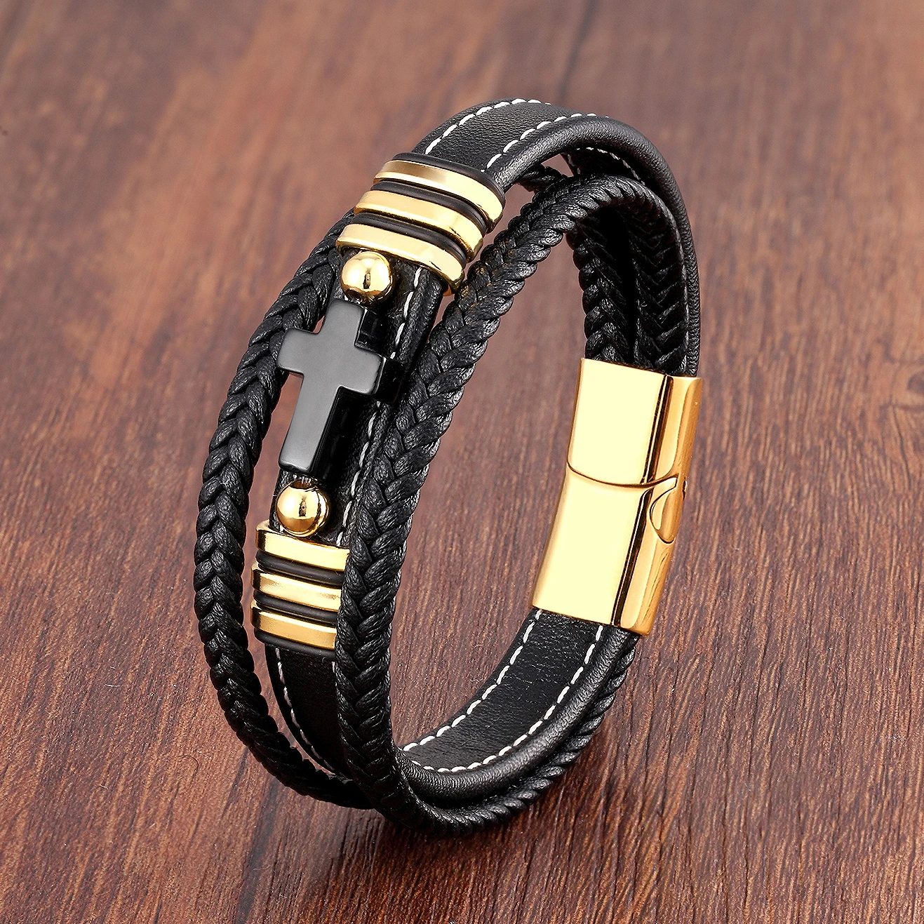 Stone Cross Style Multilayer Design Stainless Steel Fashion Men's Leather Bracelet Classic Gift For Men 17 Style Cross Bangles