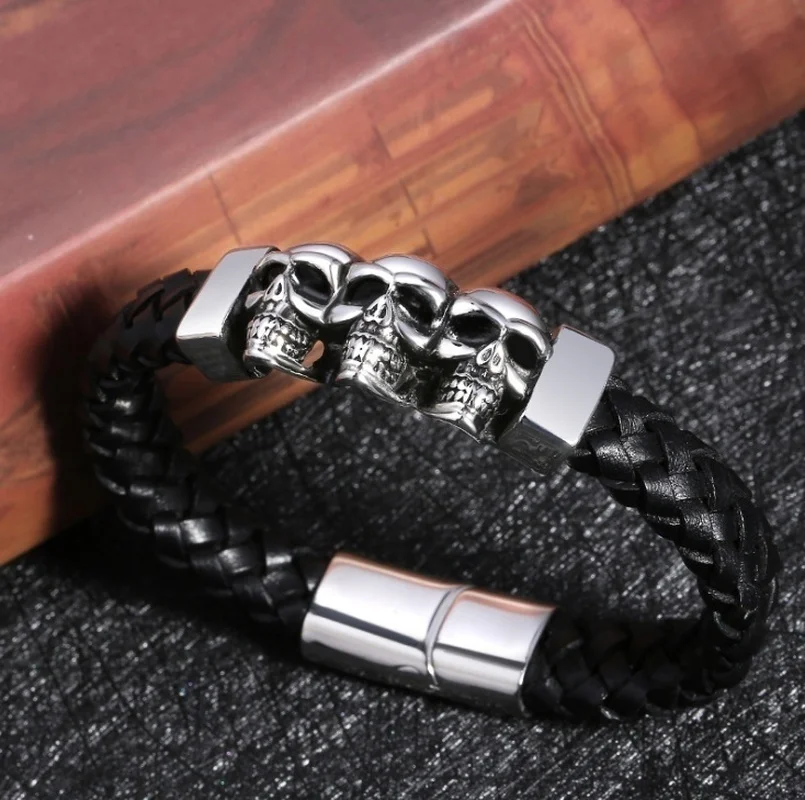 Men Skull Ghost Leather Woven Bracelet Hand Made Multilayer Leather Bracelet