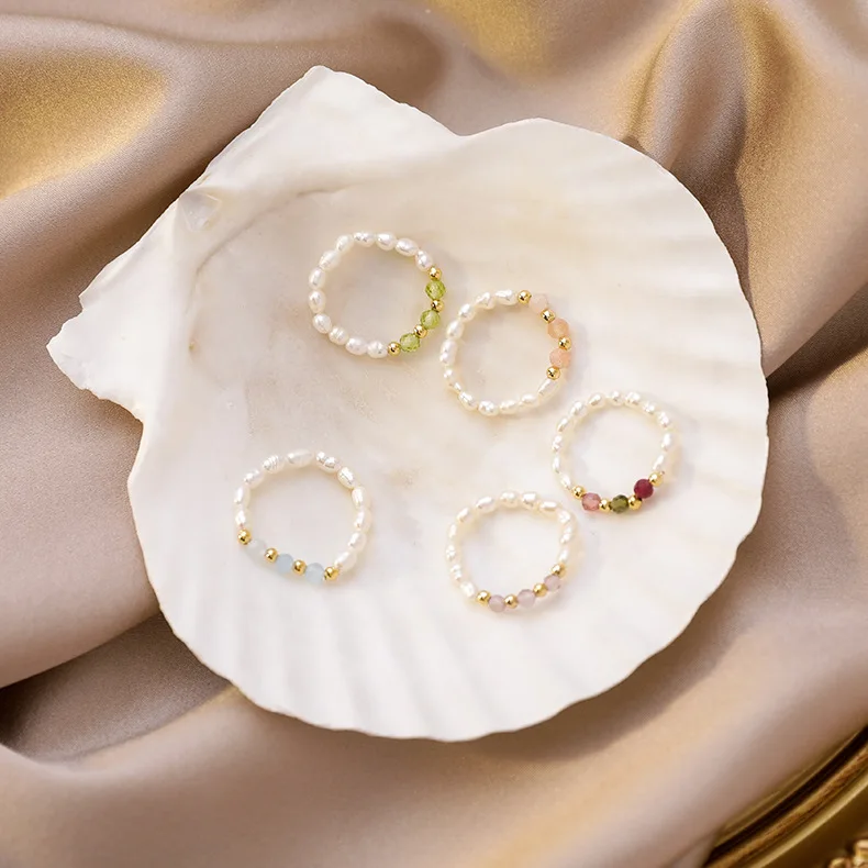 Energy Crystal Tourmalines Quartz Finger Rings Small Pearls Beaded Knuckle Rings Elegant Natural Freshwater Pearl Rings Women