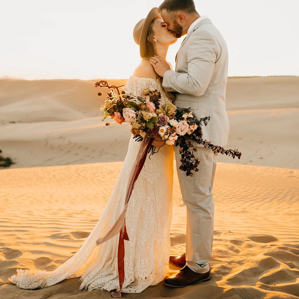 Hors Épaule Dentelle Destination Balnéaire Rustique Robe De Mariée Longueur De Plancher Fait Sur Commande 2021 Fermeture À Glissière Princesse Robes De Mariée Grande Taille