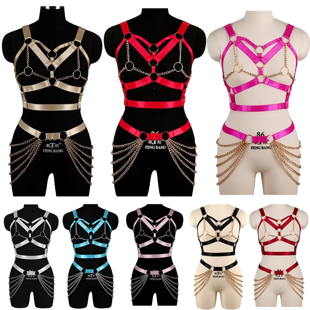 

Punk Body Chain Harness 2 Pcs Set Sexy Open Chest Backless Bras Bondage Buttocks Leg Chain Skirt Suspenders Pole Dance Dress