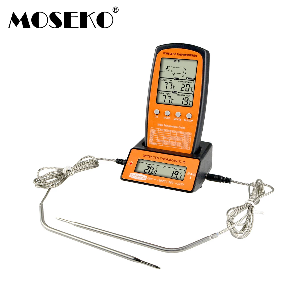 MOSEKO Wireless Digital Backlight BBQ Thermometer For Cooking Meat Food Oven  Kitchen Thermometer with 2 Probe Temperature Alarm