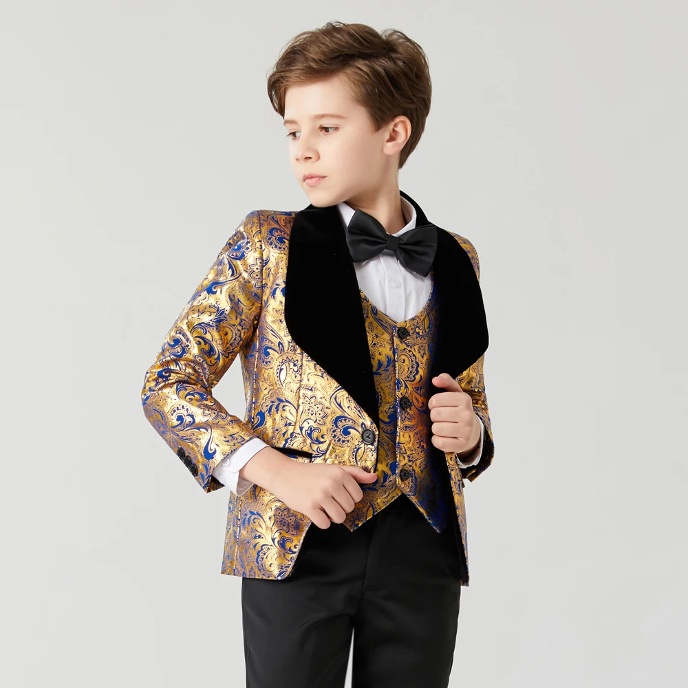 Suit for Boy communion wedding dress for boy kids Costume Children\'s Blue Gold suit Boys\' black collar suit 3PCS   Flower Boys