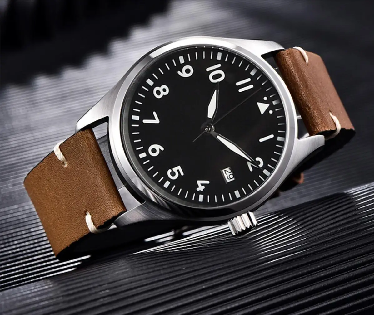 CORGEUT 40mm Pilot Military Men\'s Watches Simple Style Mechanical Vintage Leather Strap Seagull Waterproof Luminous Wristwatch