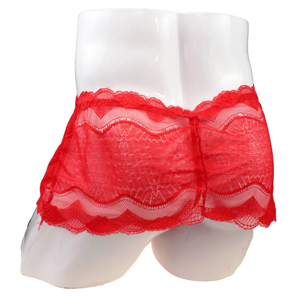 Sexy Underwear Mens Red Gauze Print Transparent  Thongs G-String With Skirt Design Sissy Lace Underpants ZJH1019-5