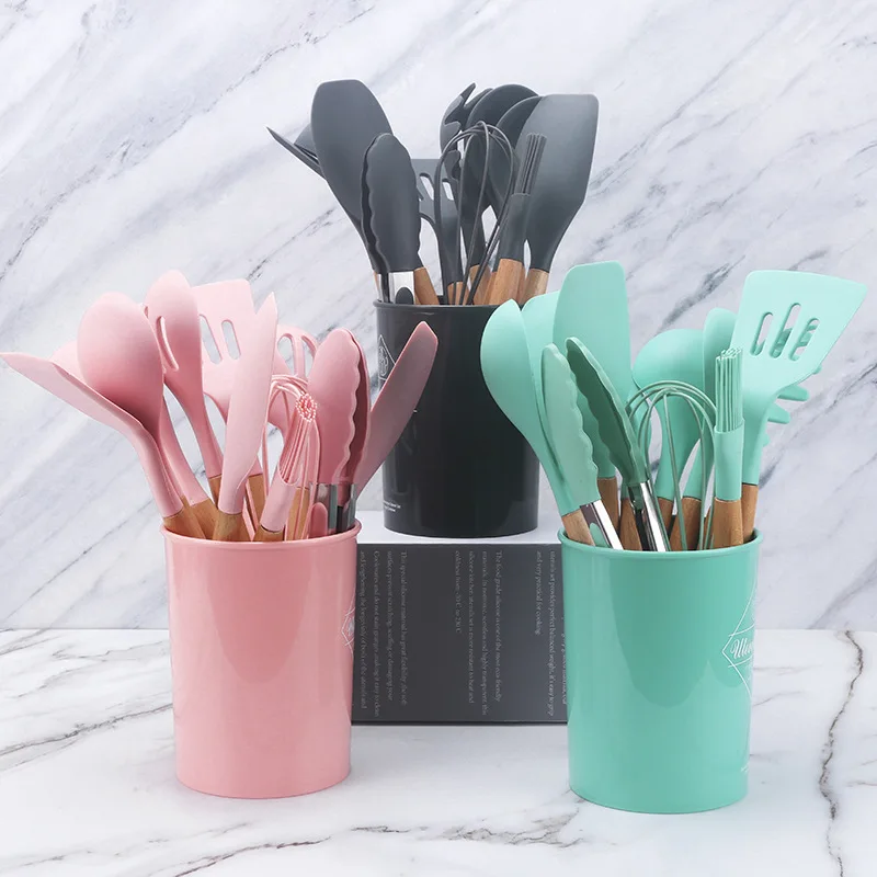 12pcs Silicone Non-stick Cooking Utensils Set Tool Kitchenware Spatula Ladle Shovel egg greak Spoon Soup Heat-Resistant holder