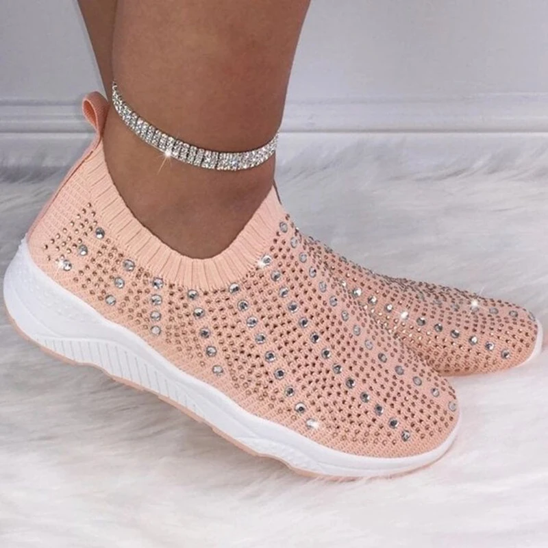 Rimocy 2020 New Knit Mesh Crystal Sneakers Women Comfortable Breathable Flat Shoes Fashion Slip on Plus Size Casual Shoes Female