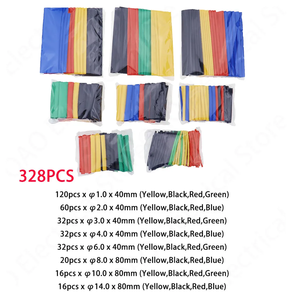 

328Pcs/set Sleeving Wrap Wire Car Electrical Shrinkable Cable Tube kits Heat Shrink Tube Tubing Polyolefin 8 Sizes Mixed Color
