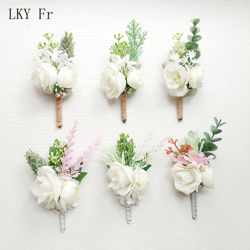 LKY Fr Boutonniere Flowers Wedding Corsage Pins White Pink Groom Boutonniere Buttonhole Men Wedding Witness Marriage Accessories