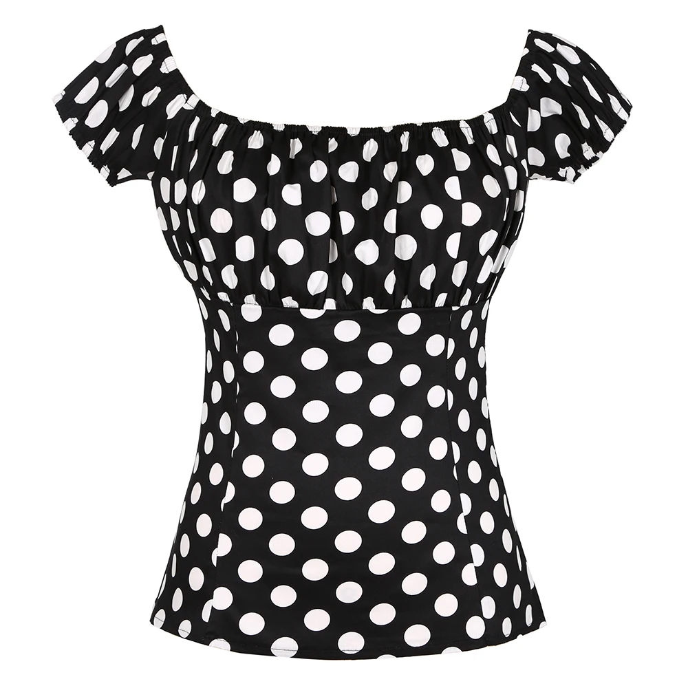 2024 Retro Vintage 50s Tops Black Summer Short Sleeve Polka Dot Printed Cotton Shirts Slash Neck Pin Up Casual Women's Blouses