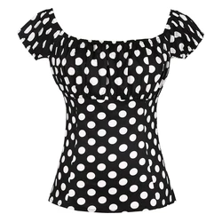 Tops Retro Vintage de los años 50 para mujer, camisas de algodón de manga corta con estampado de lunares, blusas informales con cuello de barco y Pin Up, color negro, 2024