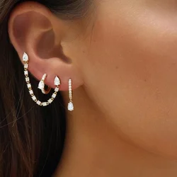 1 Piece Double Piercing Fashion Girl Women Jewelry 5A Clear CZ Station Link Chain Tassel Stud Earring