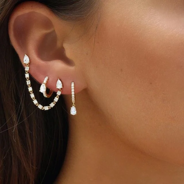1 Piece Double Piercing Fashion Girl Women Jewelry 5A Clear CZ Station Link Chain Tassel Stud Earring
