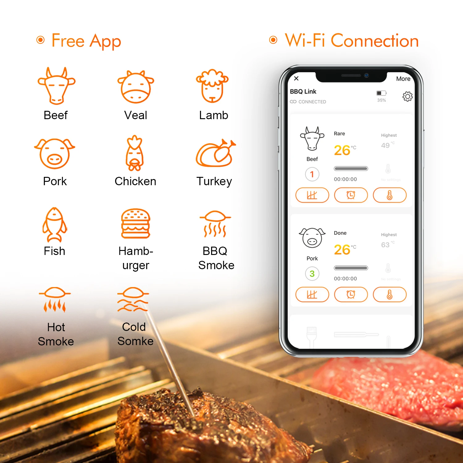 INKBIRD Wi-Fi Digital Meat Thermometer BBQ Kitchen Cooking Thermometer IBBQ-4T With Probes Oven Cooking BBQ Temperature Meter