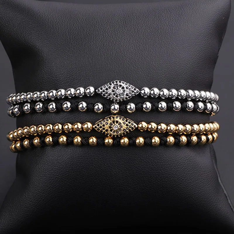 High Quality New Fashion Stainless Steel Beads CZ Pave Cute Eye Charm Braided Macrame Bracelet Women Men