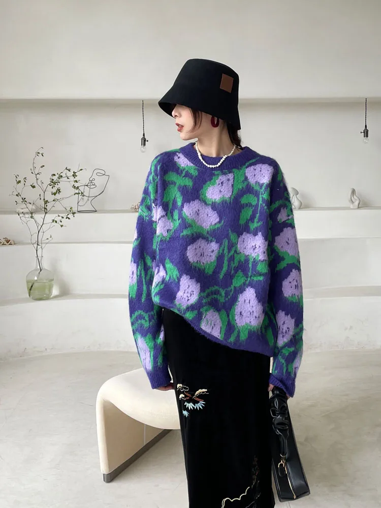 Autumn Winter Pullover Sweater Women 2023 Fashion Casual Woman Sweater Pullovers Print Flower Jumper Warm Teen Gril Sweaters