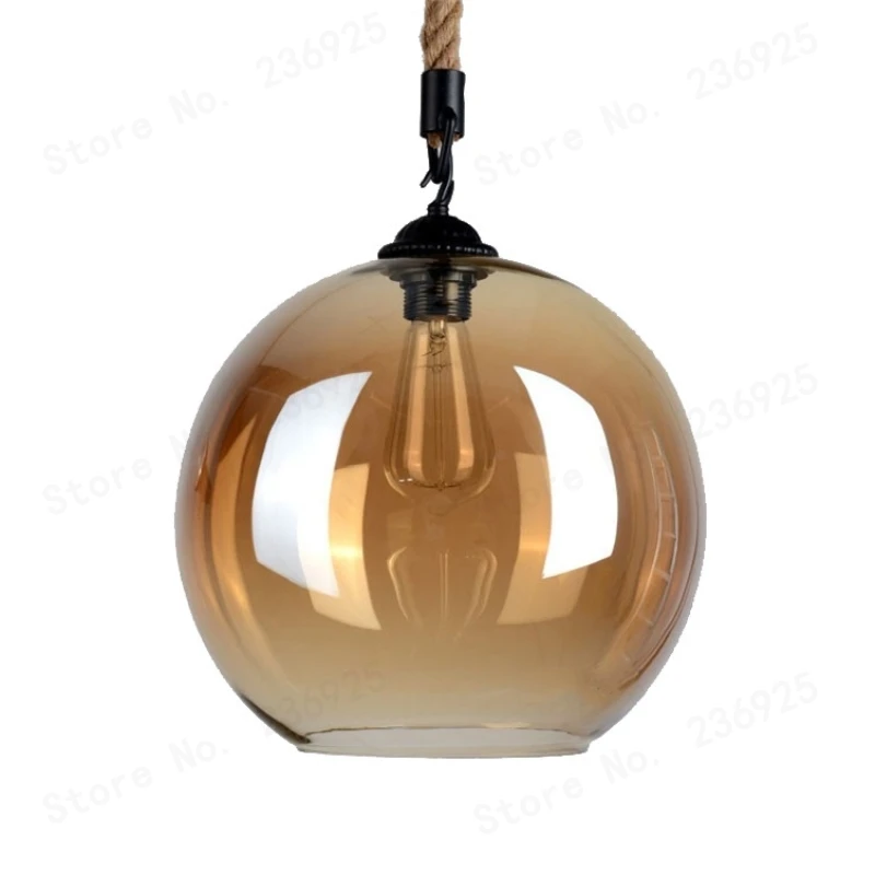 Wonderland Retro Vintage LED Amber Glass Pendant Light Hemp Rope Lamp Plated Hanglamp Loft Kitchen Living Bedroom Hotel Hall