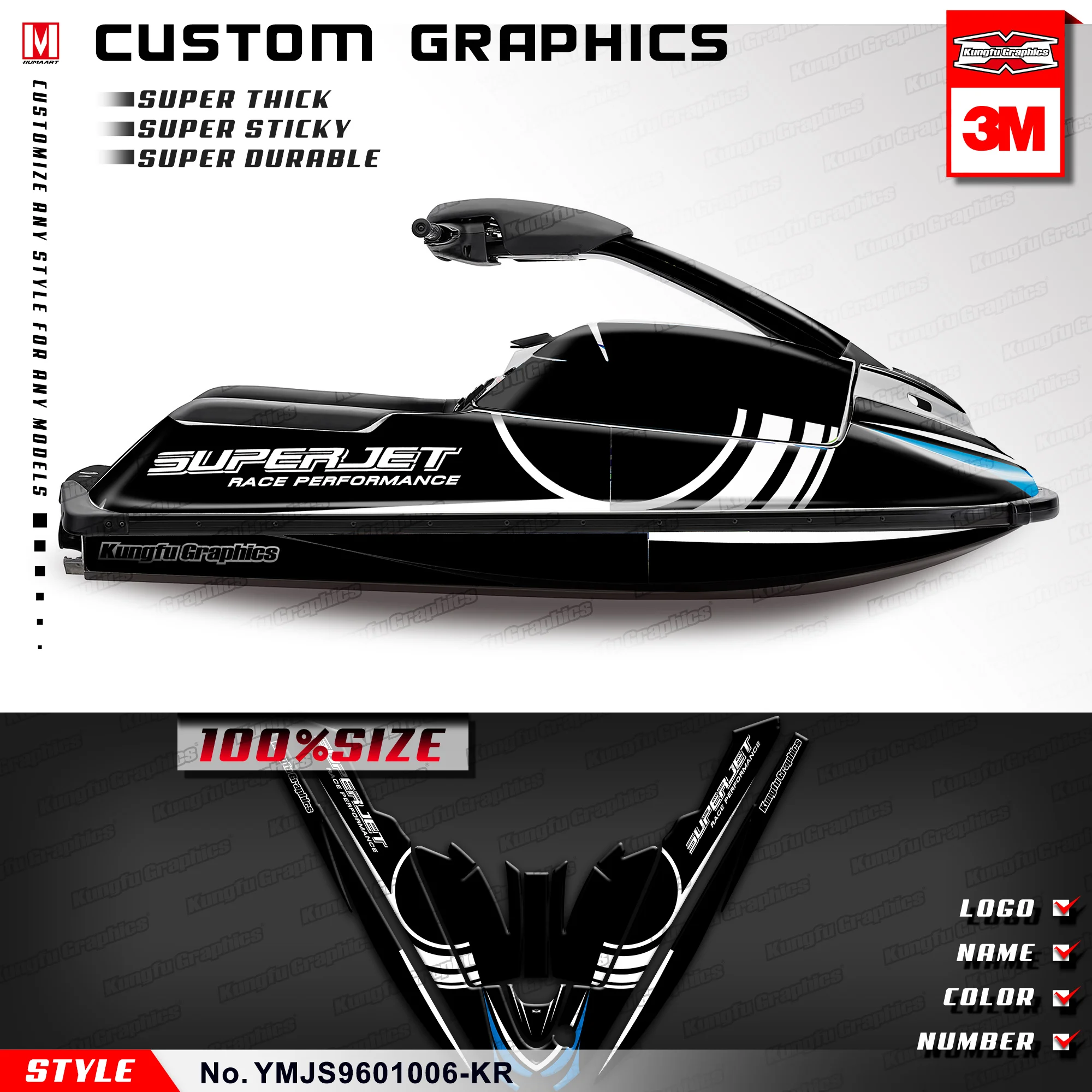 KUNGFU GRAPHICS-Kit de pegatinas de calcomanías completas para moto acuática, PWC Super Jet Ski SJ 700, 1996, 1997, 1998, 1999, 2000, 2001, negro