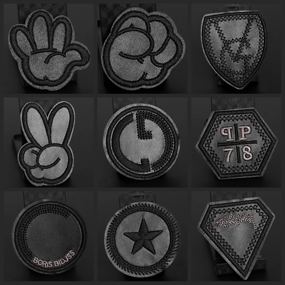 Parches bordados de cuero PU para planchado negro, tijeras de papel de roca, ropa, motero, punk, apliques decorativos, brazaletes, insignia