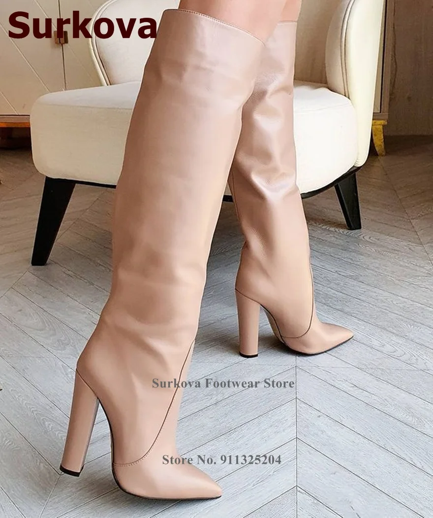 Surkova Nude White Chunky Heel Knee High Boots Pointed Toe Slip-on Dress Shoes Fall Winter Outdoor Pumps Long Boots Size46