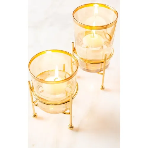 Rigging House 2'li Decorative Metal Flip Gold Candle Holder and Water Floating Candle