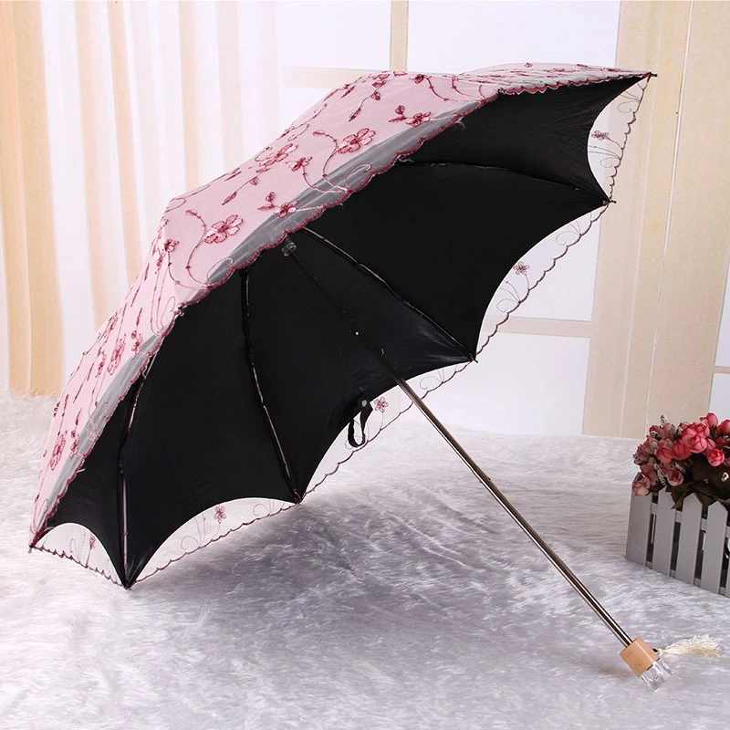 Lace Flower Folding Umbrella Embroider UV Protective Sun Rain Umbrella Pink Flower Print Princess Umbrella for Women