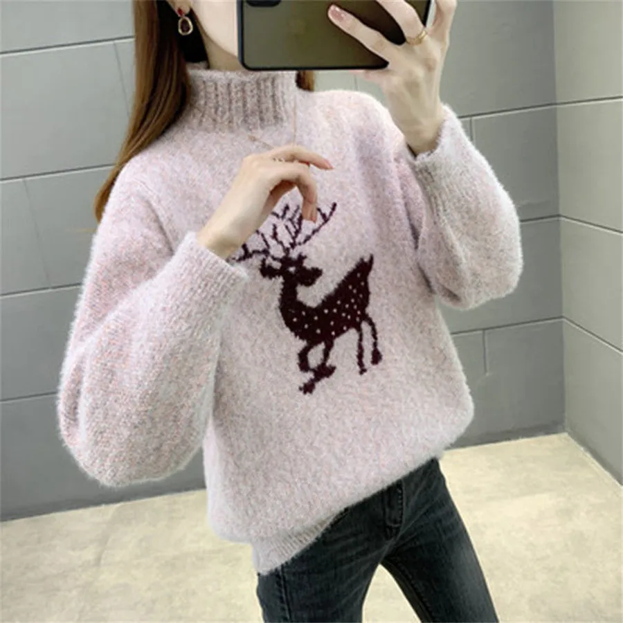 

Christmas Sweater For Women Turtleneck Pullover Winter Warm Long Sleeve Ladies Xmas Outfits Snowflakes Deer New Year Clothing