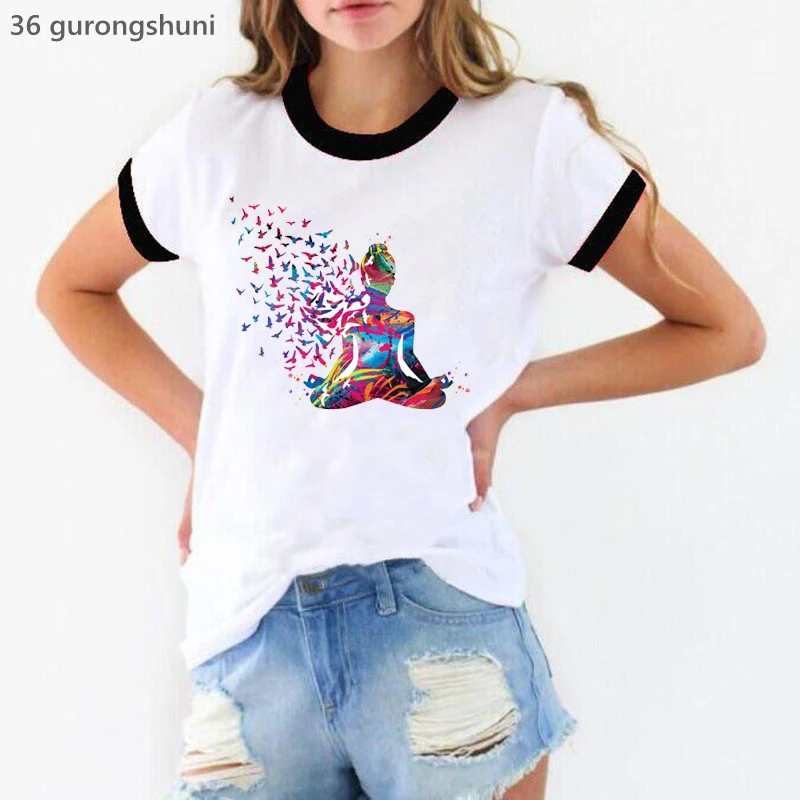 2024 Hot Sale Watercolor Breathe Chakra Symbols Yoga Print T-Shirt Women'S Clothing Birds Mandala Funny Tshirt Femme T Shirt