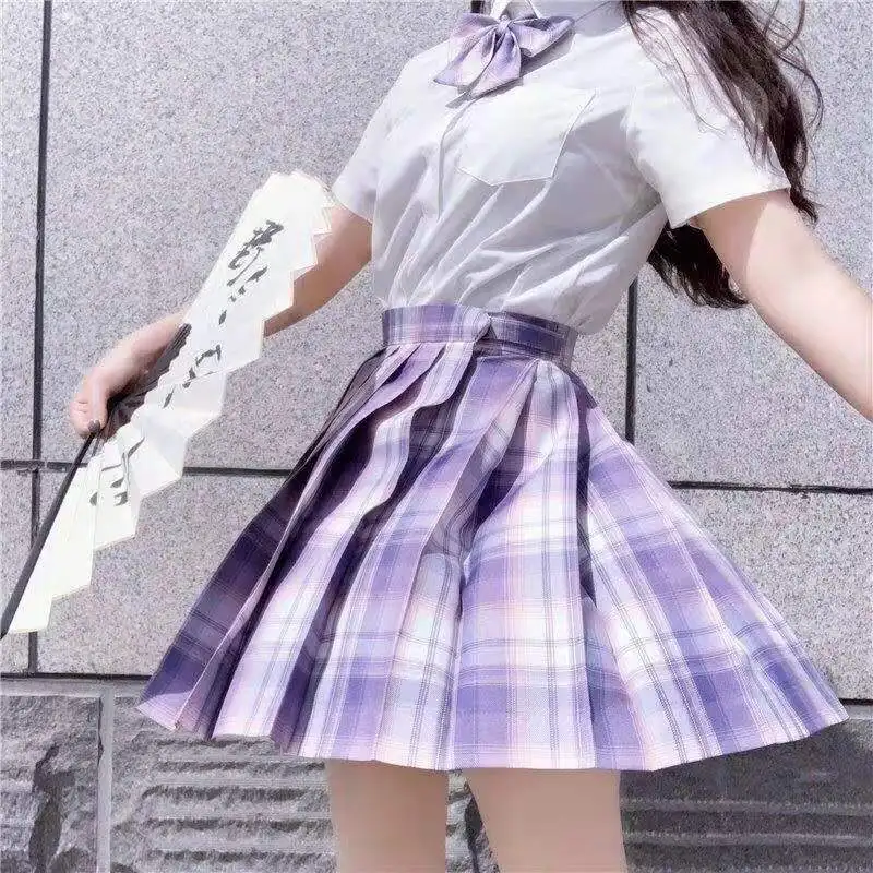 Uniforme japonais Jk deux pièces pour femmes, chemises à manches longues blanches + Mini jupe à carreaux violets, Style Preppy, ensembles de jupes taille haute