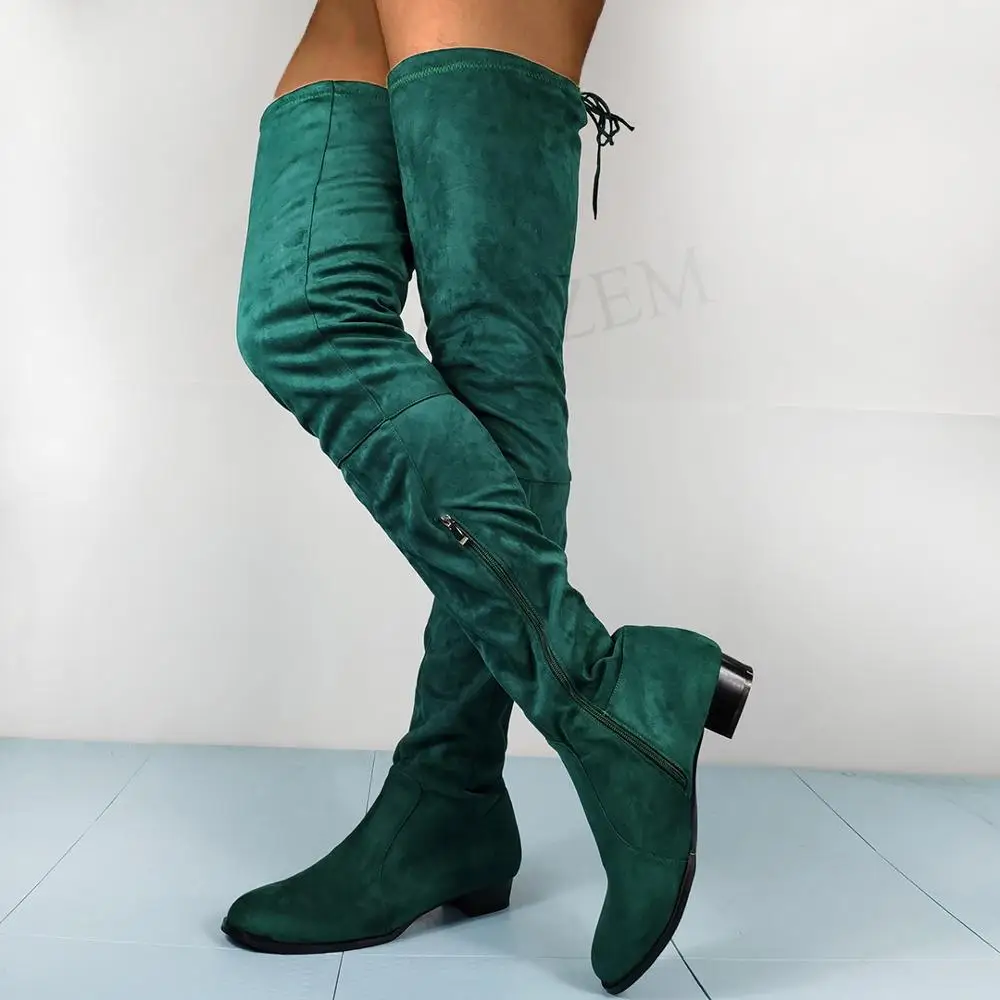 LAIGZEM, botas por encima de la rodilla para mujer, botas de tacón bajo con punta redonda, botas básicas altas hasta el muslo de gamuza sintética, zapatos de mujer de talla grande 42 45 52