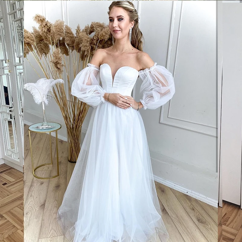 

LSYX Simple Wedding Dress Tulle Puff Sleeve Sweetheart Floor length Low Back Bridal Gown Beach Cheap For Women Lady Robe De