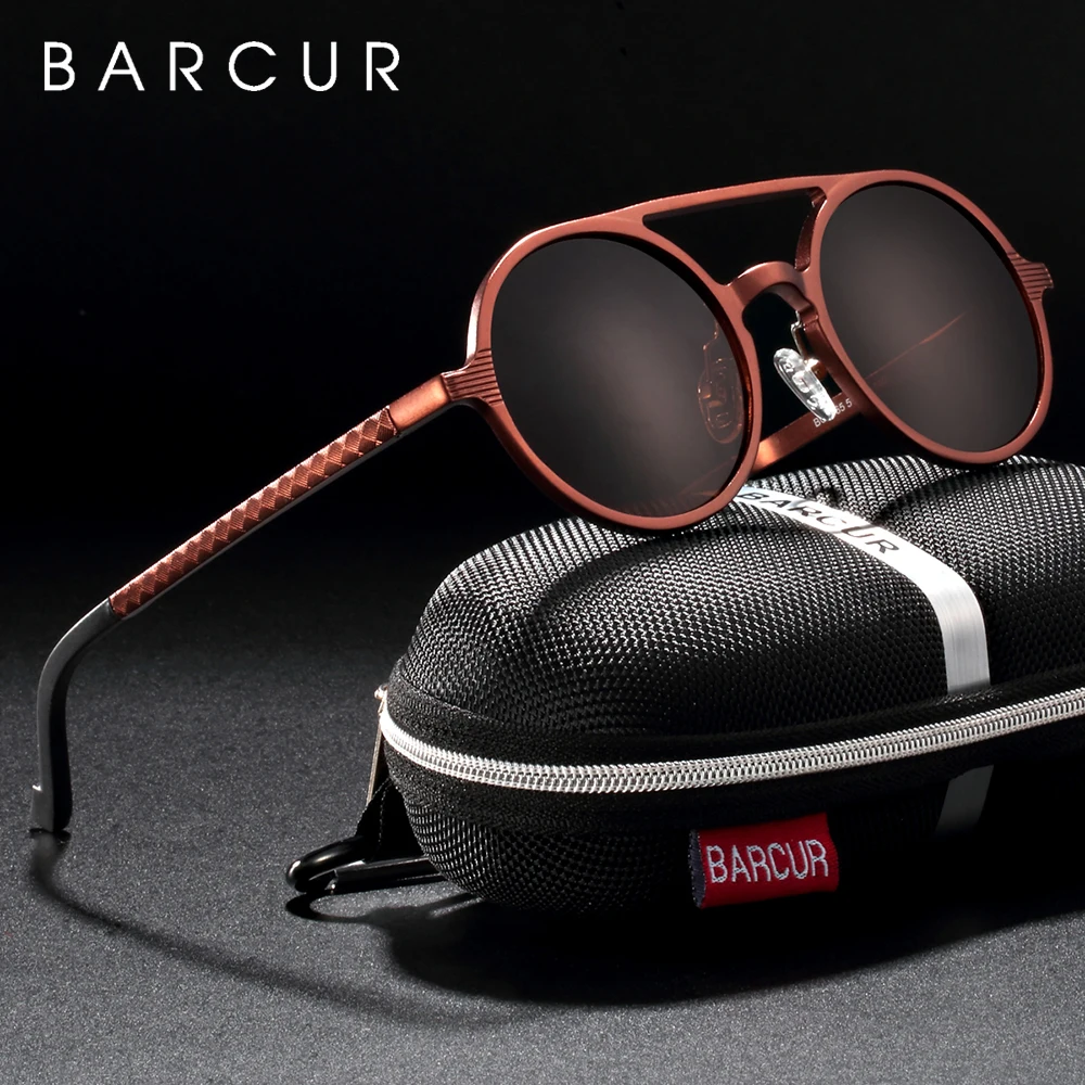 BARCUR Vintage Aluminum Magnesium Sun glass Men Polarized Sunglasses Round Steampunk Shades Brand Designer Eyewear