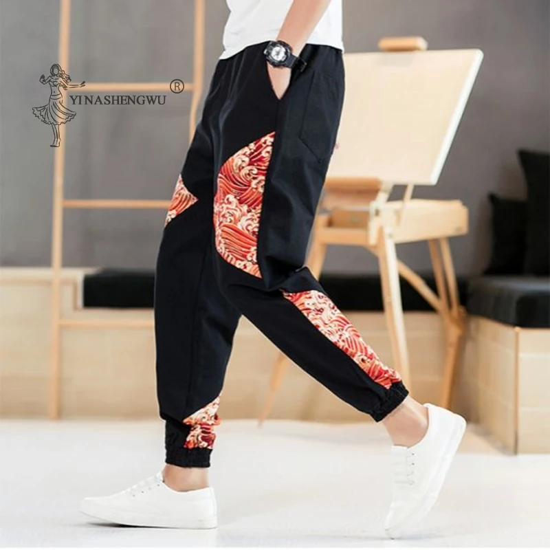 Japanese Casual Kimono Pants Loose Samurai Print Trouser Japan Men Traditional Asian Costume Yukata Style Cotton Linen Clothing