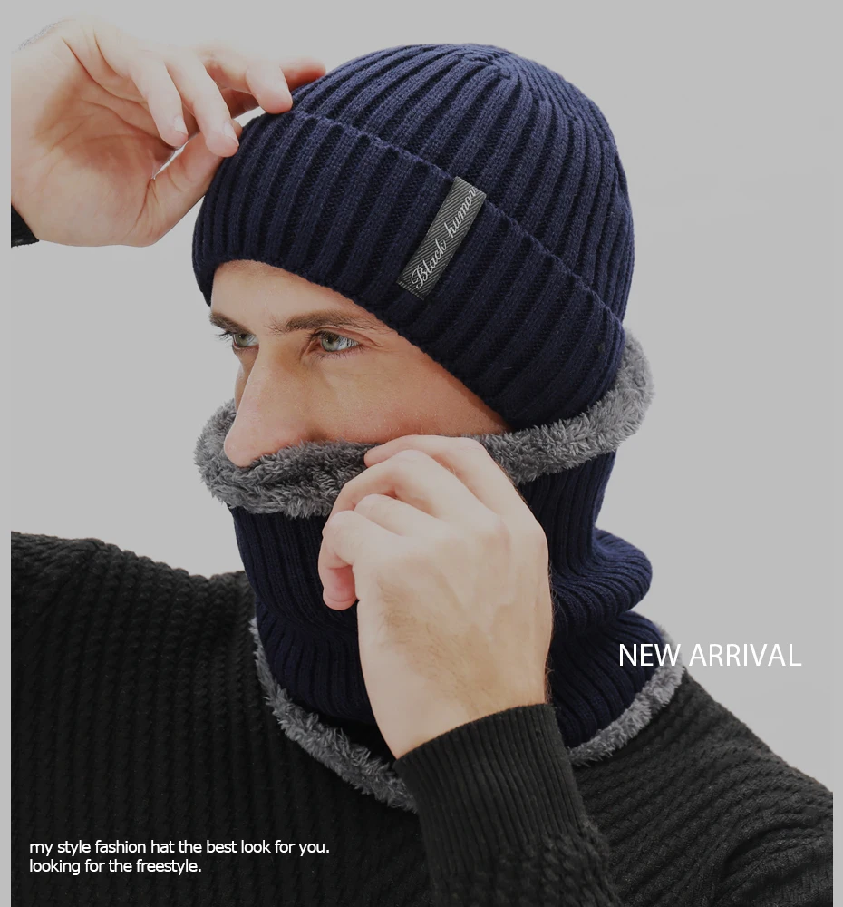 Winter herren Schal Gestrickte Hut Set Maske Warm Caps Plus Samt Dicke Mützen Für Männer Skullies Mützen Frauen Kappe mode Balaclava – Detail 1
