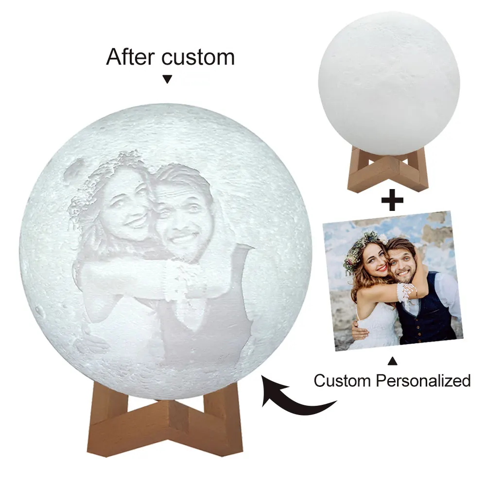 Personalized 3D Printing Moon Lamp Customized Photo Text Night Light USB Rechargeable Birthday Mother Day Lunar Anniversary Gift