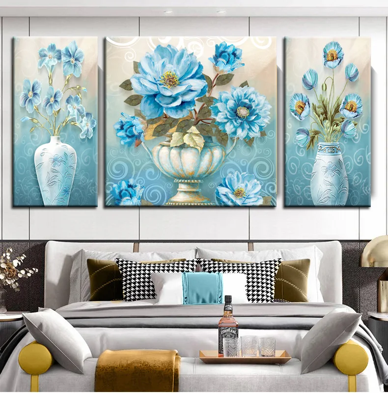 

3 Panels Blue Flowers Oil Painting Printed on Canvas Vintage Flower Picture Nordic Poster for Living Room Home Decor Cuadros