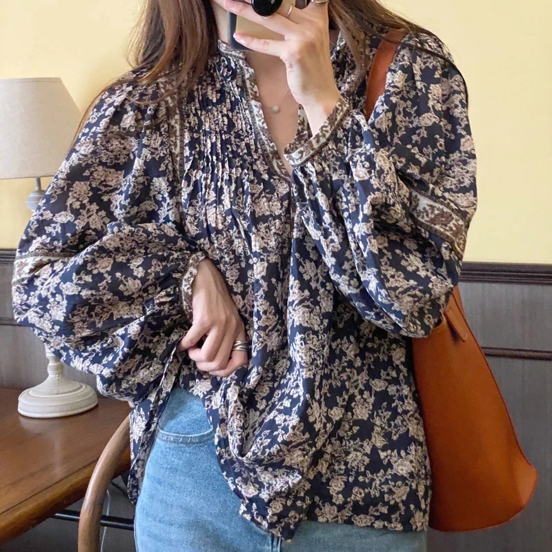 Women Floral Vintage Lantern Sleeve Shirts Female Elegant Casual All Match Female Office Lady Blouses Tops