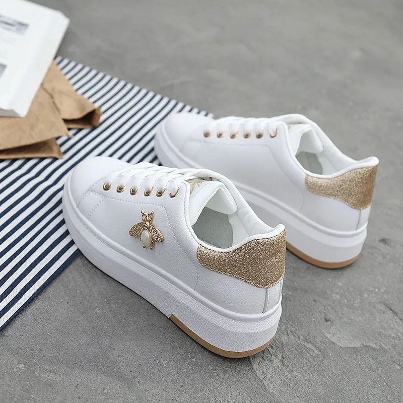 White Shoes Women Sneakers Casual Platform Fashion Rhinestone chaussures femme bee Lady footware Walking shoes ST351