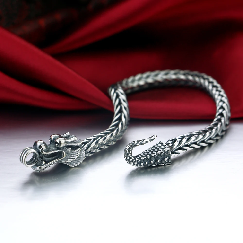 Men's 925 Thai Silver Chain Necklace Bracelet Ethnic Dragon Design Craft 925 Sterling Silver Popular Body Jewelry 18CM-23CM