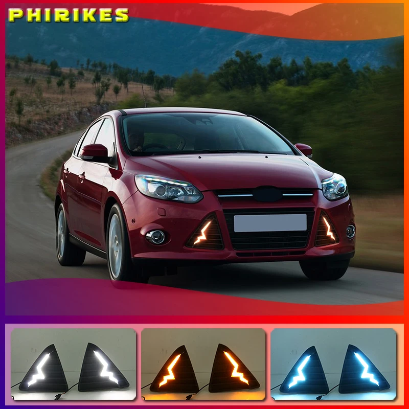 

12V LED Car DRL for Ford Focus 3 MK3 2012 2013 2014 2015 daytime running lights fog lamp cover with turn off and dimming Relay