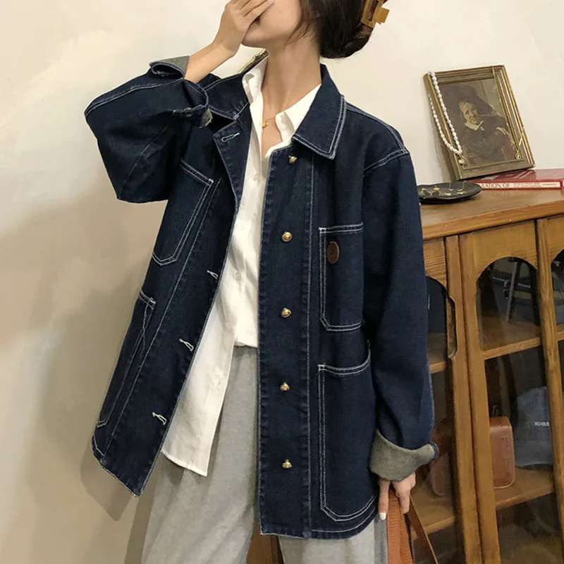 Women\'s casual Jean Coats 2021 autumn Women loose Vintage Blue Denim Jacket Long Sleeve Loose Female Girls Outwear coats (78518)