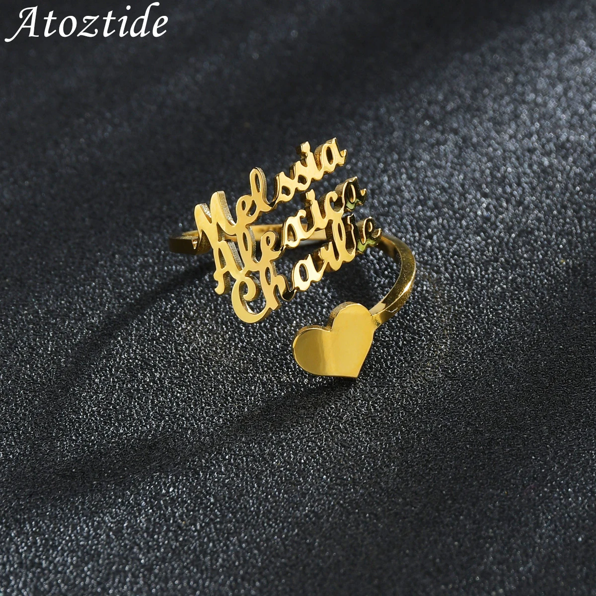 Atoztide personalizado moda de aço inoxidável 1-3 nomes anel personalizado carta cor ouro anéis placa de identificação para presente de jóias