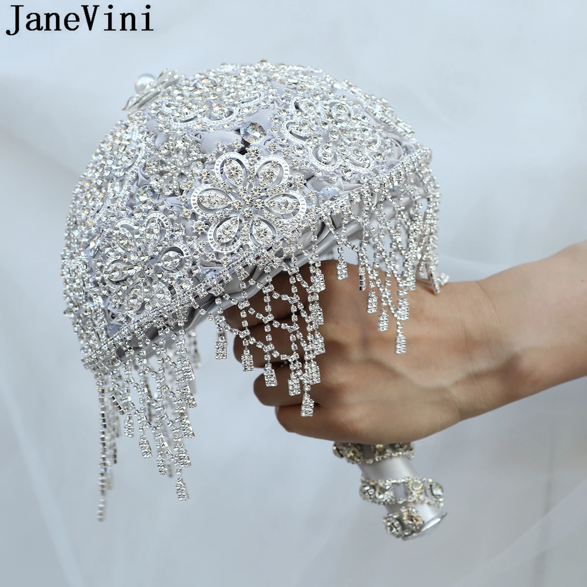 JaneVini Luxury Full Diamond Jeweled Silver Gray Bridal Bouquets Bling Crystal Artificial Satin Roses Bride Wedding Accessories