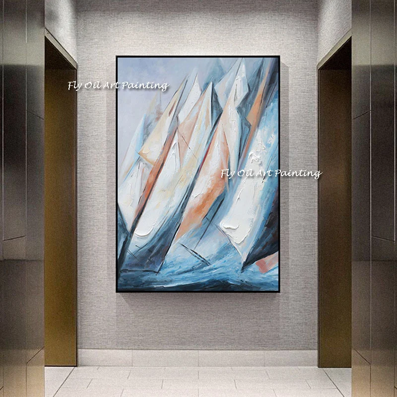 

100% Hand Painted Sailing Boat On The Sea Canvas Oil Painting Large Size Modern Abstract minimalist Wall Art For Home Decoration