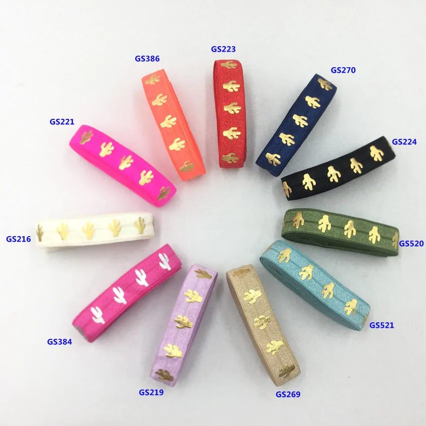 5yards/Lot 5/8\'\' 15mm Gold Foil Cactus FOE Fold Over Elastic For DIY Hair Ties Strap Accessaries